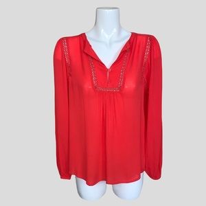 GAP Coral Red Split Neck Open Crochet Knit Detail Rayon Blouse Small